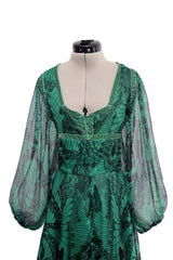 Well Documented Spring 1970 Unlabeled Thea Porter Green Butterfly Print Silk Chiffon Dress