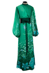 Stunning 1970s Hanae Mori Green Extensive Floral Print Green Silk Chiffon Dress w Balloon Sleeves & Belt