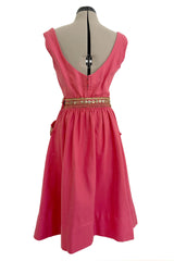 1950s Unlabeled Lanvin-Castillo Couture Elaborate Gold Beaded Pink Waffle Weave Top & Skirt