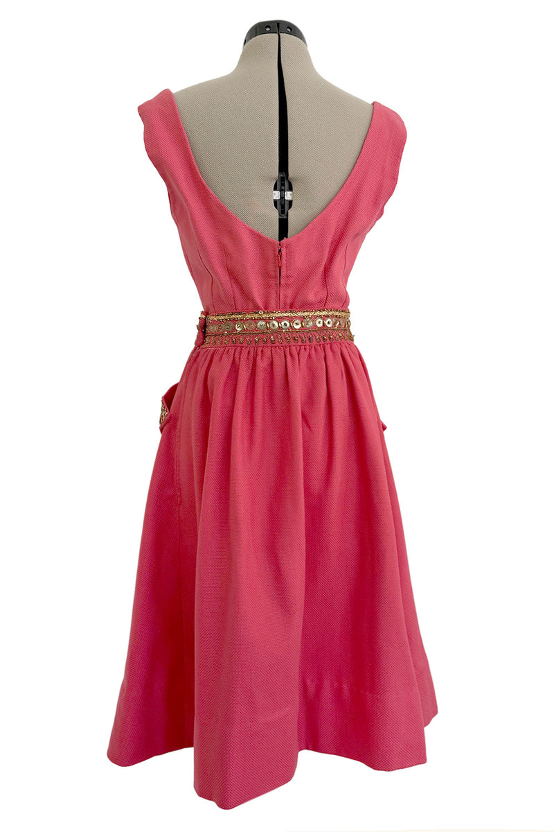 1950s Unlabeled Lanvin-Castillo Couture Elaborate Gold Beaded Pink Waffle Weave Top & Skirt