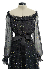 Prettiest 1970s Louis Feraud Black Chiffon Ruffled Dress w Multi Coloured Embroidered Dots
