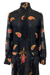 Documented Fall 1970 Valentino Printed Black Ribbon Silk Chiffon Dress w Huge Tassel Detail