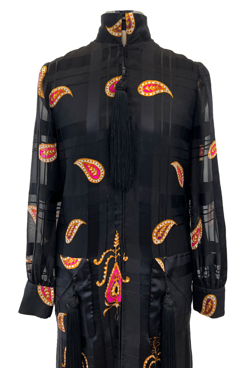Documented Fall 1970 Valentino Printed Black Ribbon Silk Chiffon Dress w Huge Tassel Detail