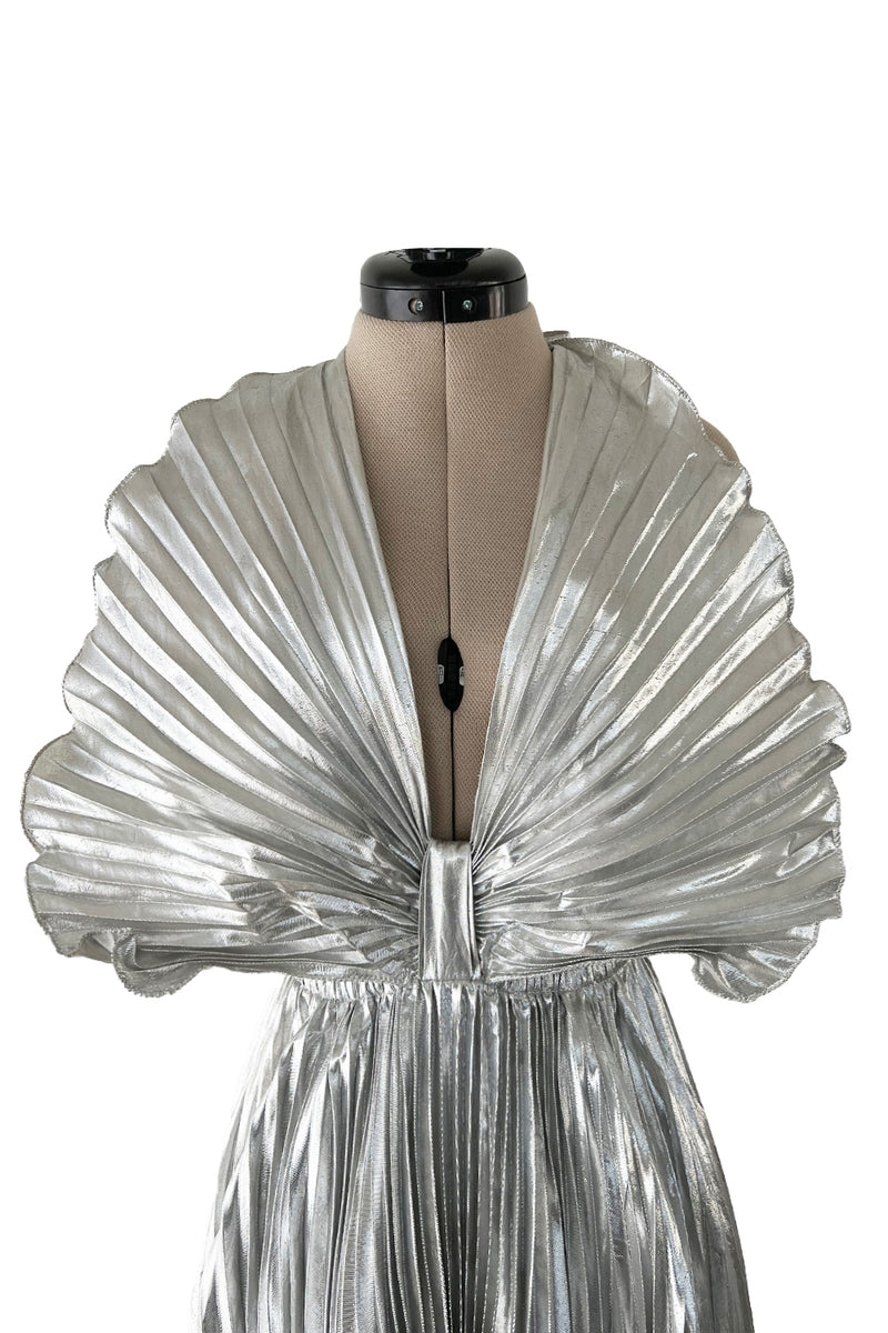 Exceptional 1970s Roland Klein Metallic Silver Lame Pleated Fan Dress w Completely Open Bare Back