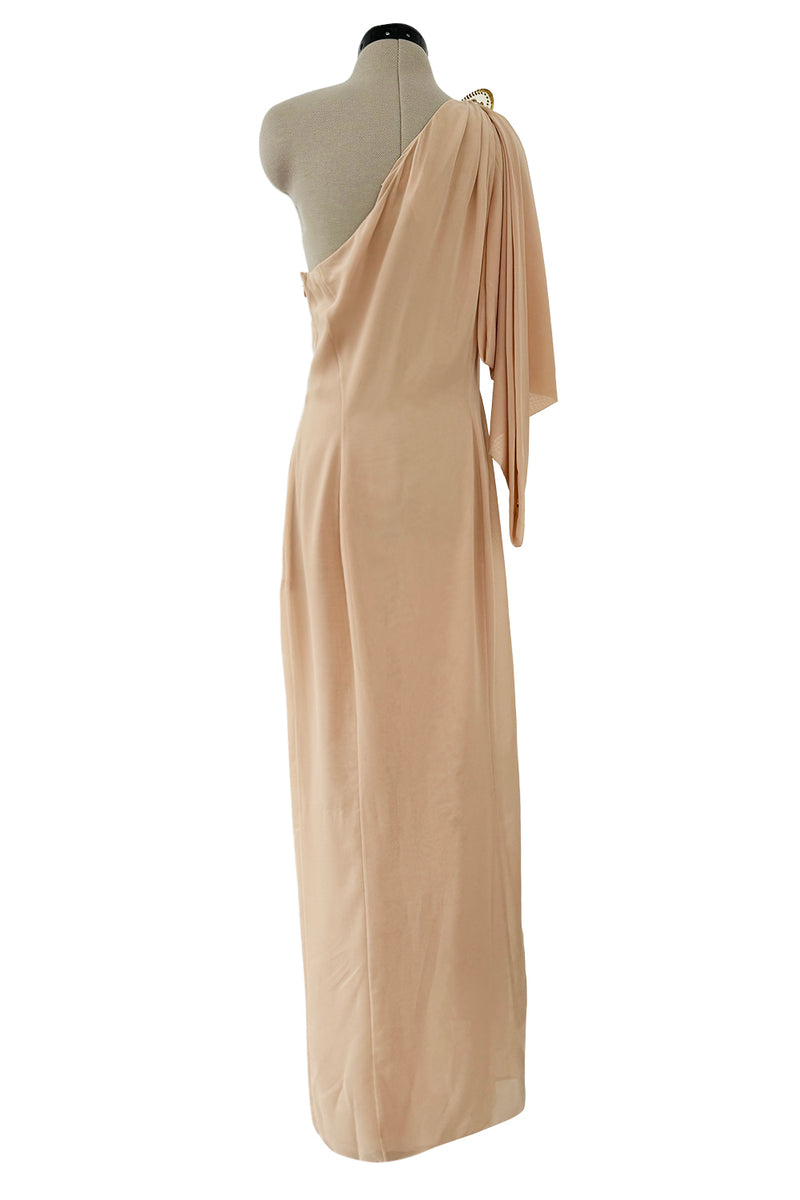 Spectacular Spring 2000 Thierry Mugler Runway Nude Chiffon One Shoulder Dress w Acrylic Detail