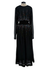 Spectacular 1970s Givenchy by Hubert de Givenchy Black Chiffon Dress w Colored Rhinestones