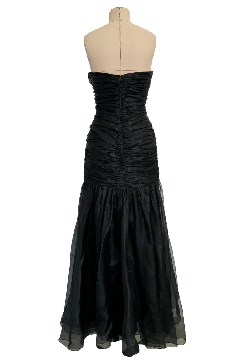 Prettiest Spring 1985 Chloe by Karl Lagerfeld Black Silk Organza Strapless Dress w Bow Detailing