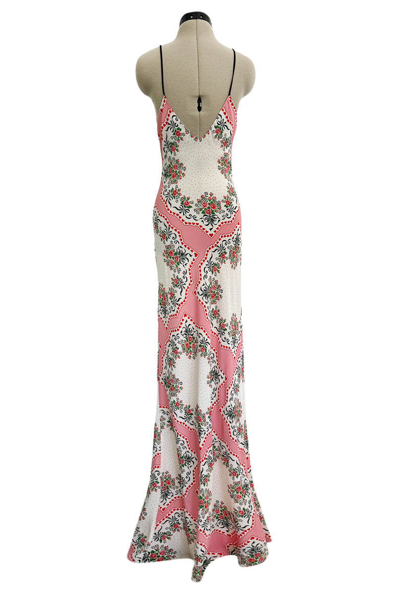 Prettiest Spring 2021 Rodarte Runway Look 20 Bias Cut Silk Pink Print Flower & Hearts Dress w Removable Flower