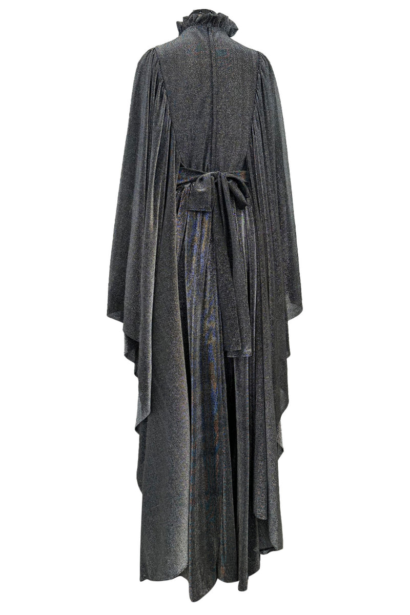 Spectacular 1970s Gina Fratini Metallic Deep Silver Lame Dress w Ruffle Collar &  Angel Sleeves