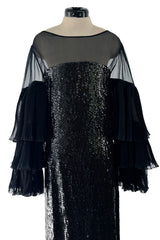 Beautiful 1980s Louis Feraud Glossy Black Sequin Silk Chiffon Dress w Tiered & Ruffled Sleeves