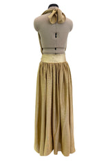 Fantastic Fall 1980 Bill Tice Metallic Gold Halter Front Backless Dress w Top Stiched Tie Belt & Front Slit