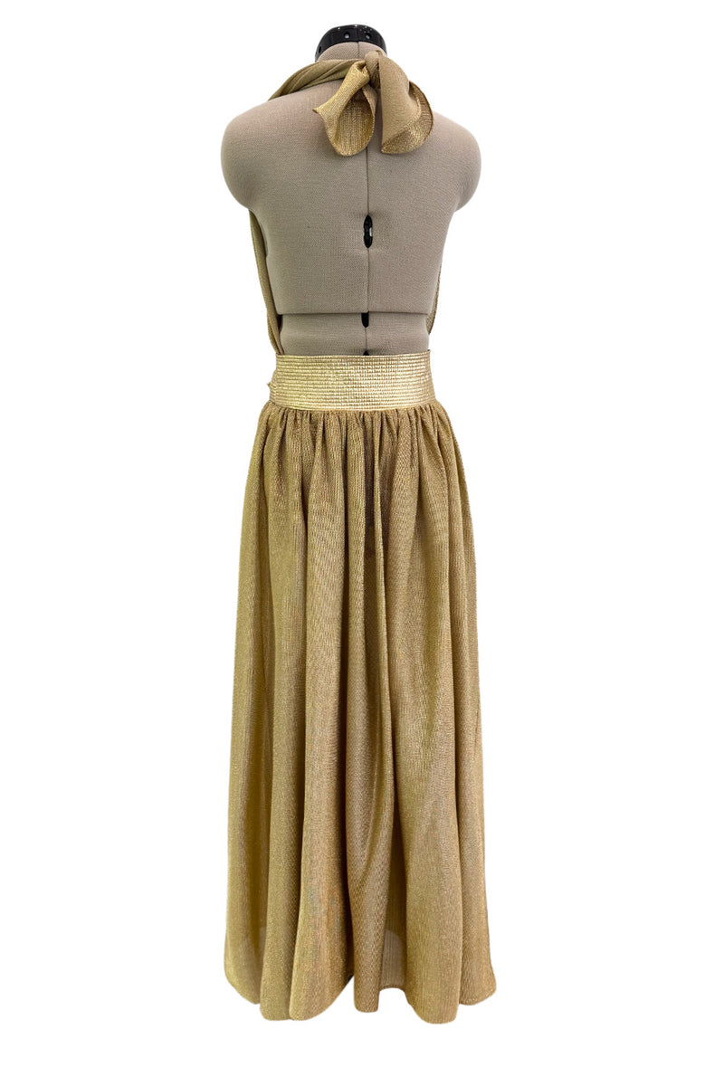 Fantastic Fall 1980 Bill Tice Metallic Gold Halter Front Backless Dress w Top Stiched Tie Belt & Front Slit