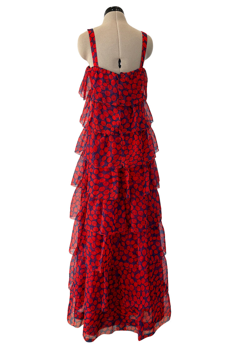 Gorgeous 1970s Givenchy Blue & Red Dot Tiered Silk Organza Ruffle Dress