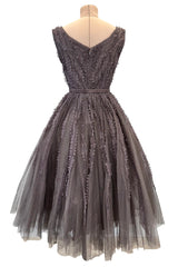 Exceptional 1950s Jacques Heim Golden Era Haute Couture Ultra Rare Purple-Gray Net & Handmade Lace Dress