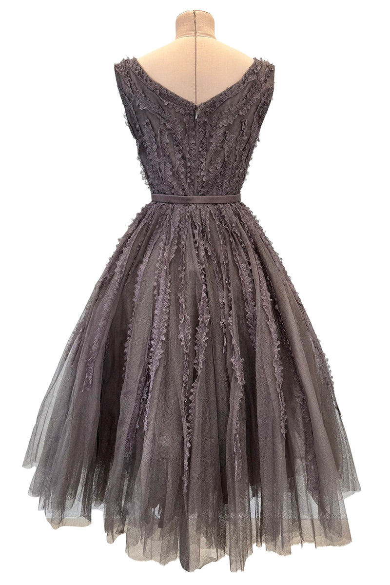 Exceptional 1950s Jacques Heim Golden Era Haute Couture Ultra Rare Purple-Gray Net & Handmade Lace Dress