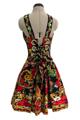 Spring 1992 Christian Lacroix Runway & Ad Campaign Printed Mini Dress w Lace Up Back & Full Skirt