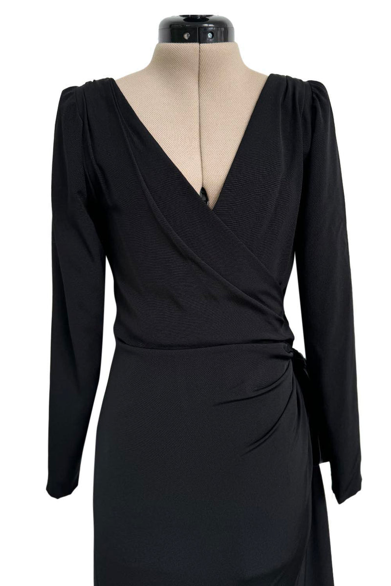 Exceptional Fall 1983 Yves Saint Laurent Haute Couture Runway Black Silk Wrap Dress w Bow Detail