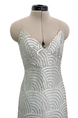 Fantastic 1970s Christian Dior Marc Bohan Silver Sequin Silk Chiffon Dress w Baby Blue Lining