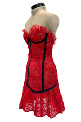 Amazing Spring 1992 Yves Saint Laurent Runway Red Lace Strapless Dress w Grosgrain Detailing