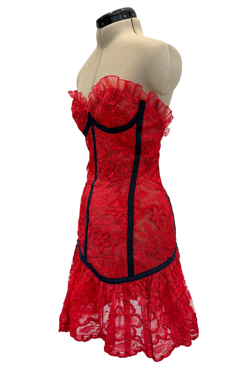 Amazing Spring 1992 Yves Saint Laurent Runway Red Lace Strapless Dress w Grosgrain Detailing