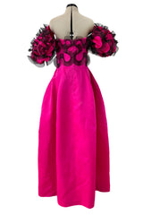 Book Documented Spring 1988 Bill Blass Bright Pink Silk & Black Net Ruffle Dress w Pouf Sleeves