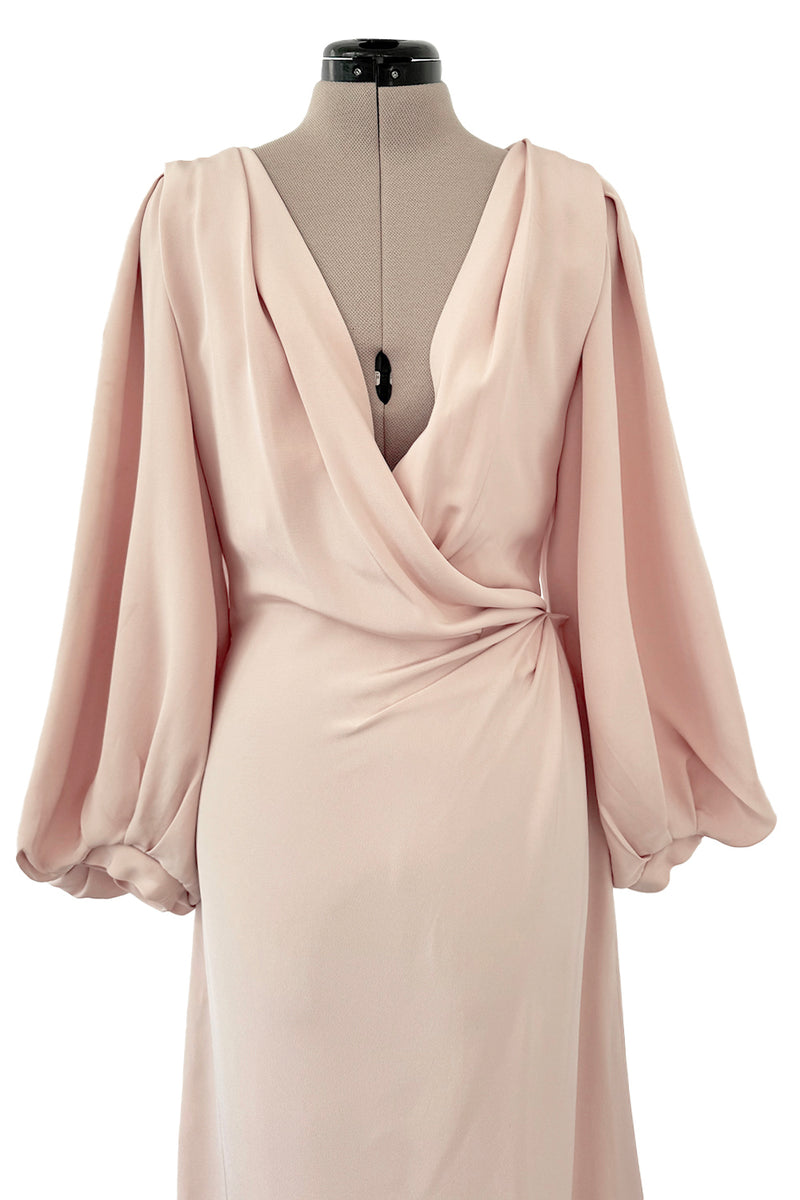 Prettiest Spring 1990 Yves Saint Laurent Pale Nude Pink Silk Plunge Runway Dress w Balloon Sleeves