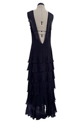Spring 2001 Chanel by Karl Lagerfeld Midnight Blue Silk Chiffon Dress w Ruffles & Low Back