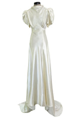 Beautiful 1930s Ivory Silky Rayon Wedding Gown w Train, Puffed Cap Sleeves & Romantic Rosette Detailing