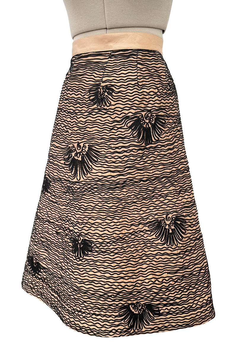 Extraordinary 1950s Sophie of Saks Gold Silk Skirt w Extensive Hand Applied Black Cord Appliqué