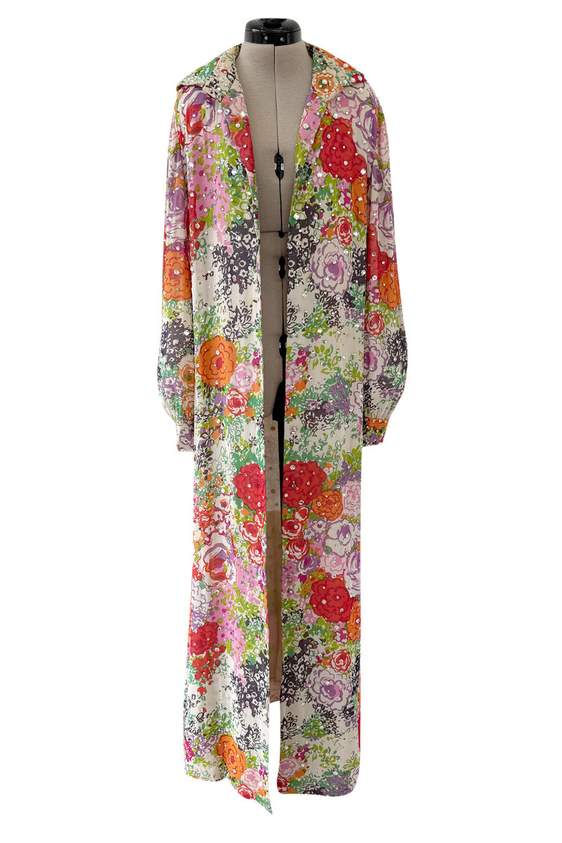 Beautiful Spring 1974 Pauline Trigere Runway Floral Print Dress w Rhinestone Detailing