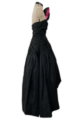 Striking 1980s Arnold Scaasi Couture Black Silk Strapless Dress w Pink Lined Half Bow & Shawl