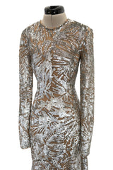 Spring 2018 Michael Kors Runway Look 72 Silver Sequin Dress on Nude Stretch Net w Asymmetrical Hem