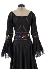 Beautiful 1960s Original Mexican Tourist Black Pin Tuck Dress w Hand Embroidered Flowers