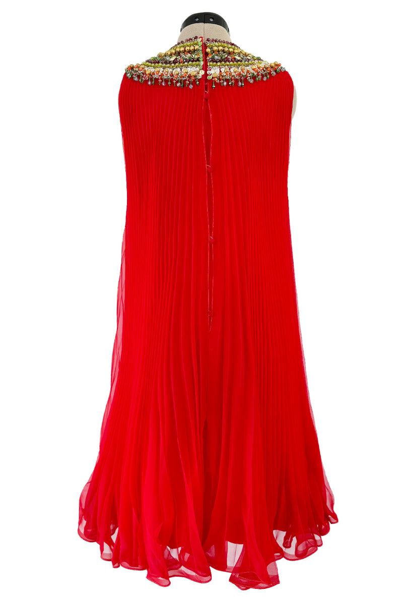 Prettiest Unlabeled 1960s Red Pleated Chiffon Dress w Densely Beaded & Sequin Bib Collar