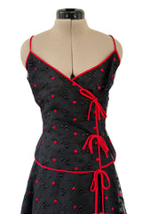 Fantastic 1970s Stavropoulos Wrap Skirt and Top Set w Embroidered Red Dots & Metallic Thread Pattern