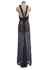 Sheer Fall 2024 Giorgio Armani Sample Deep Blue Net Dress w Embroidered Cotton Pink & Blue Flowers