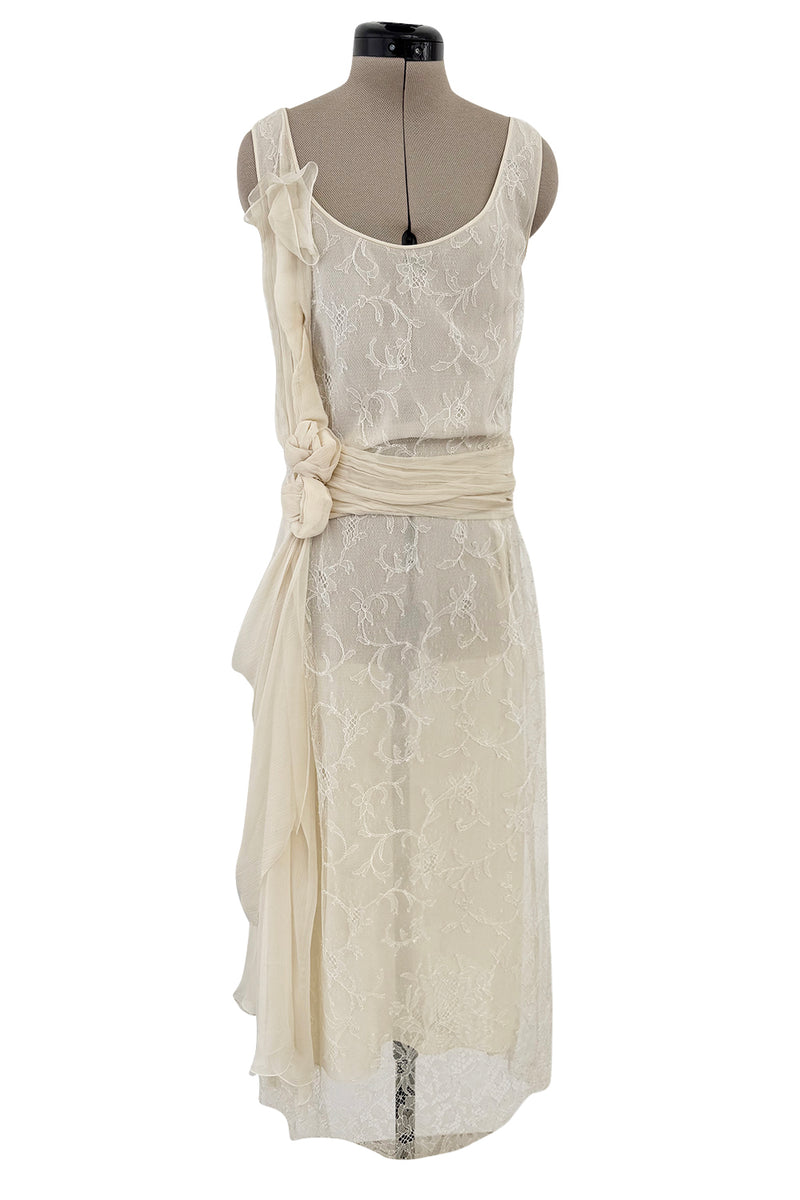 Fall 2007 John Galliano Ivory Silk Chiffon & Lace Dress w Silk Rosettes