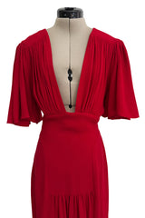 Fantastic Fall 1974 Ossie Clark Runway Documented Red Moss Crepe Dress w Plunging Front & Caped Sleeves