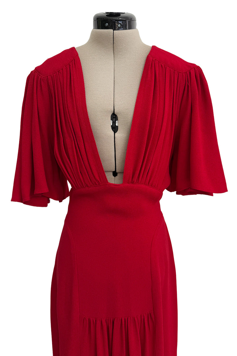 Fantastic Fall 1974 Ossie Clark Runway Documented Red Moss Crepe Dress w Plunging Front & Caped Sleeves