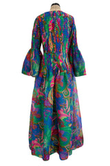 Important 1971 Pierre Cardin Couture Silk Organza Bell Sleeve Dress w Flat Pleated Bodice & Sleeves