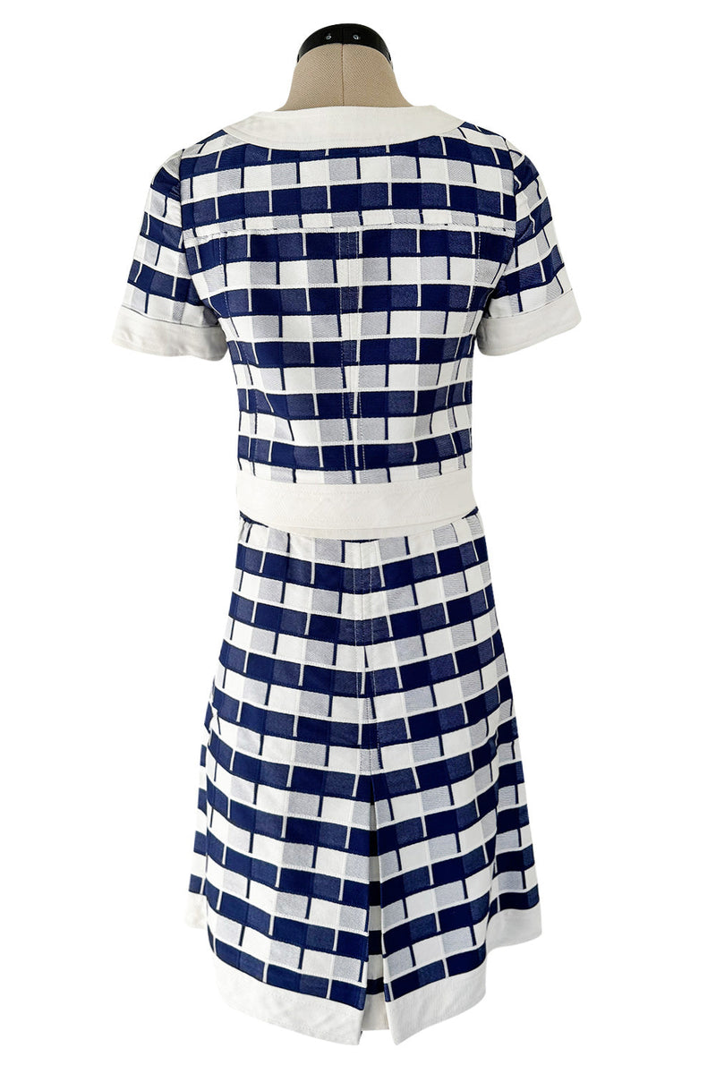 Cutest 1970s Andre Courreges Paris Numbered Hyperbole Blue & White Check Skirt & Jacket Suit Set