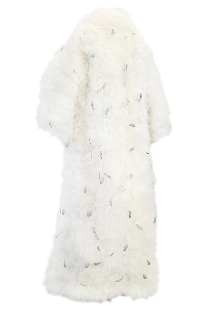 Amazing Vintage Unlabeled Full Length White Fluffy Feather Coat w Extra Wide Bell Sleeves