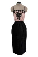 Fantastic Spring 1984 Emanuel Ungaro Haute Couture Black Stripe Jacket & Skirt Suit + Pink Camisole