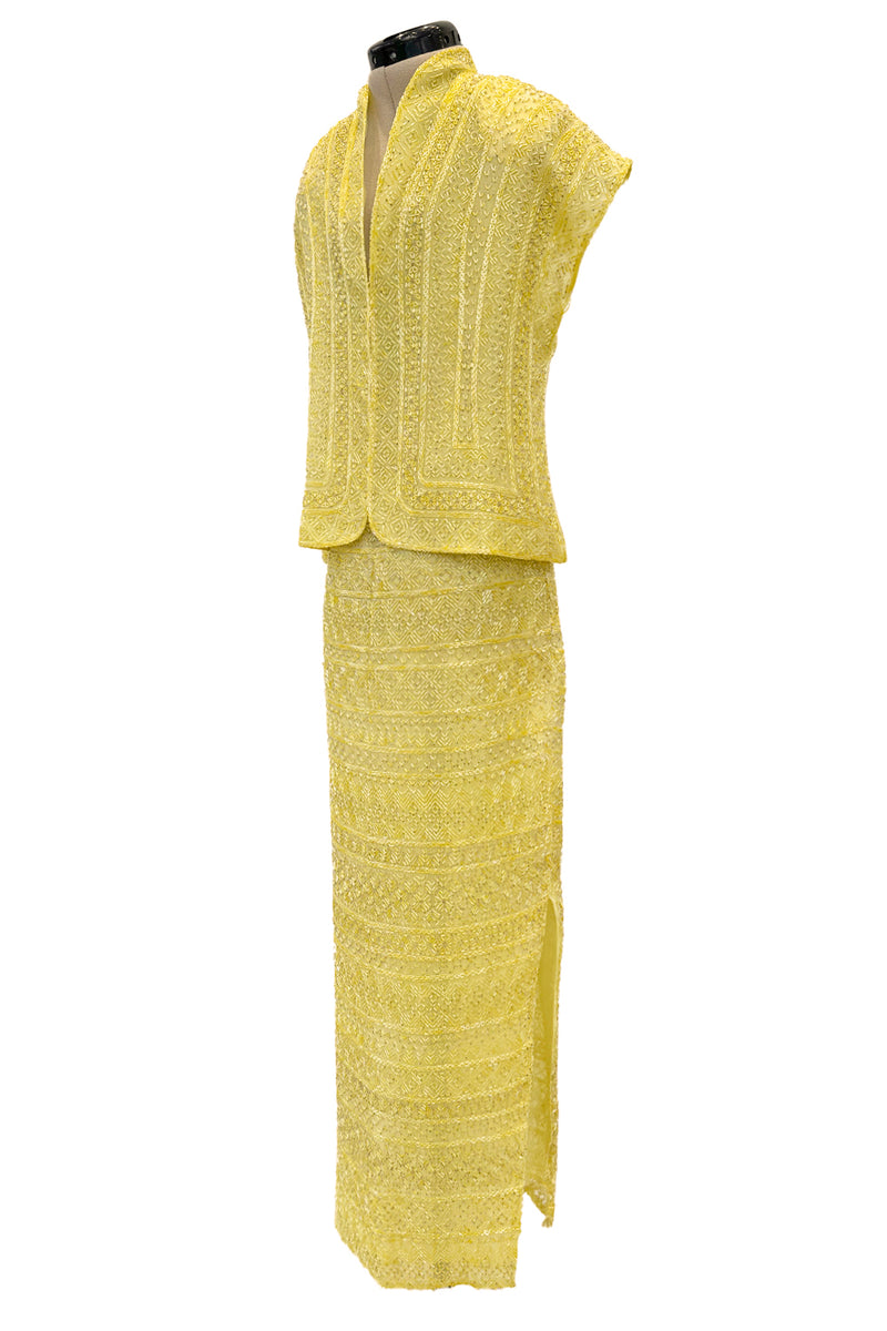 Incredible Late 1970s Halston Couture Hand Beaded Silk Skirt & Sleeveless Top Set in Yellow