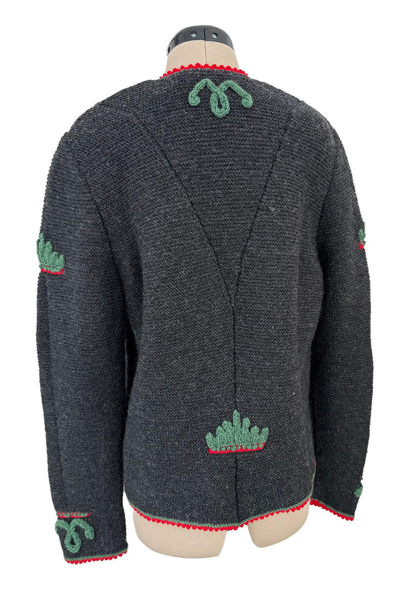 Prettiest 1980s Wolkenstricker Charcoal Colour Hand Knit Cardigan Sweater w Floral Details