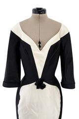 Fall 1995 Thierry Mugler Couture Runway Sculpted Body Shape Black Silk w Ivory Inset Dress