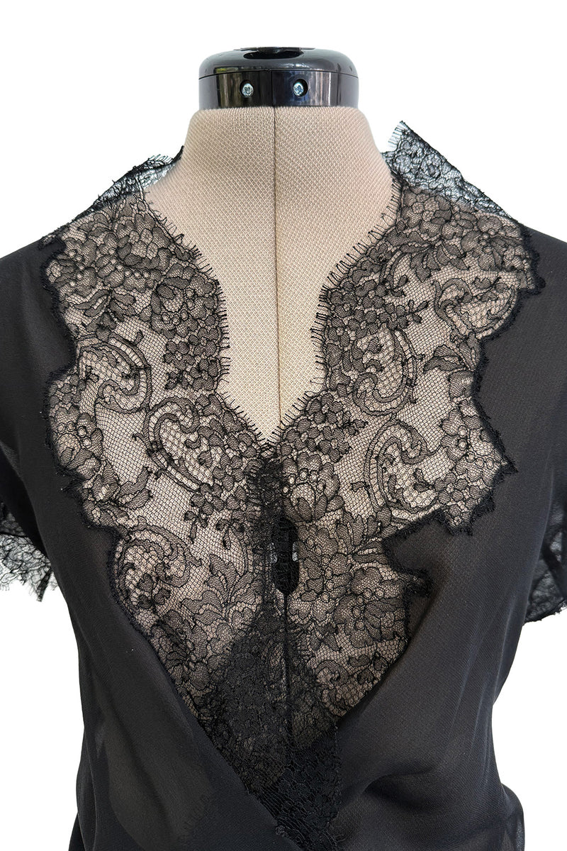 Beautiful mid-1980s  Emanuel Ungaro Haute Couture Black Silk Chiffon & Handmade Lace Wrap Top