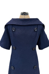Late 1950s Christian Dior London by Marc Bohan Numbered Blue Shift Dress w Button Detailing