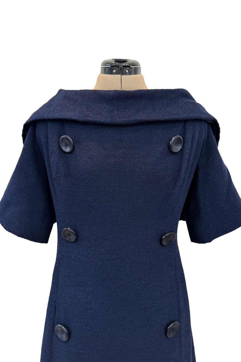 Late 1950s Christian Dior London by Marc Bohan Numbered Blue Shift Dress w Button Detailing