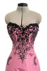 Exceptional Spring 2004 Oscar de la Renta Runway Look 39 Strapless Pink Silk w Black Embroidery & Beads